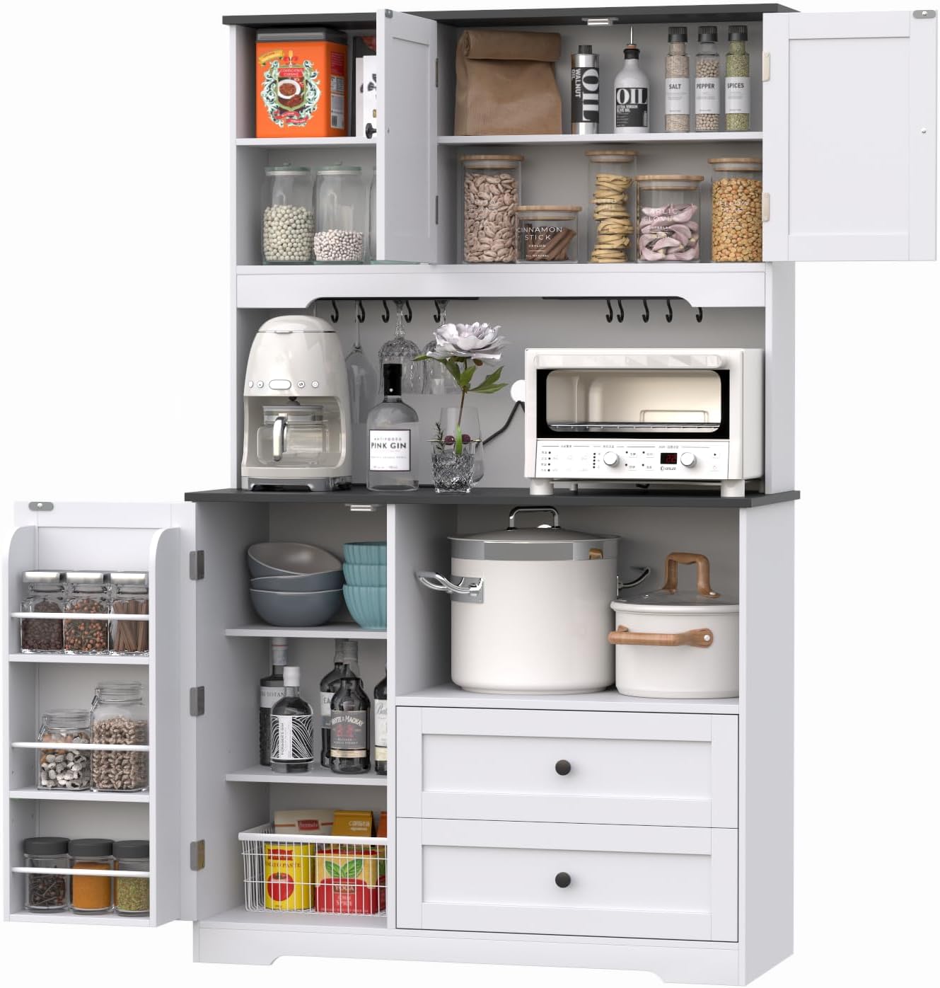 Functional White Black Kitchen Pantry Cabinet