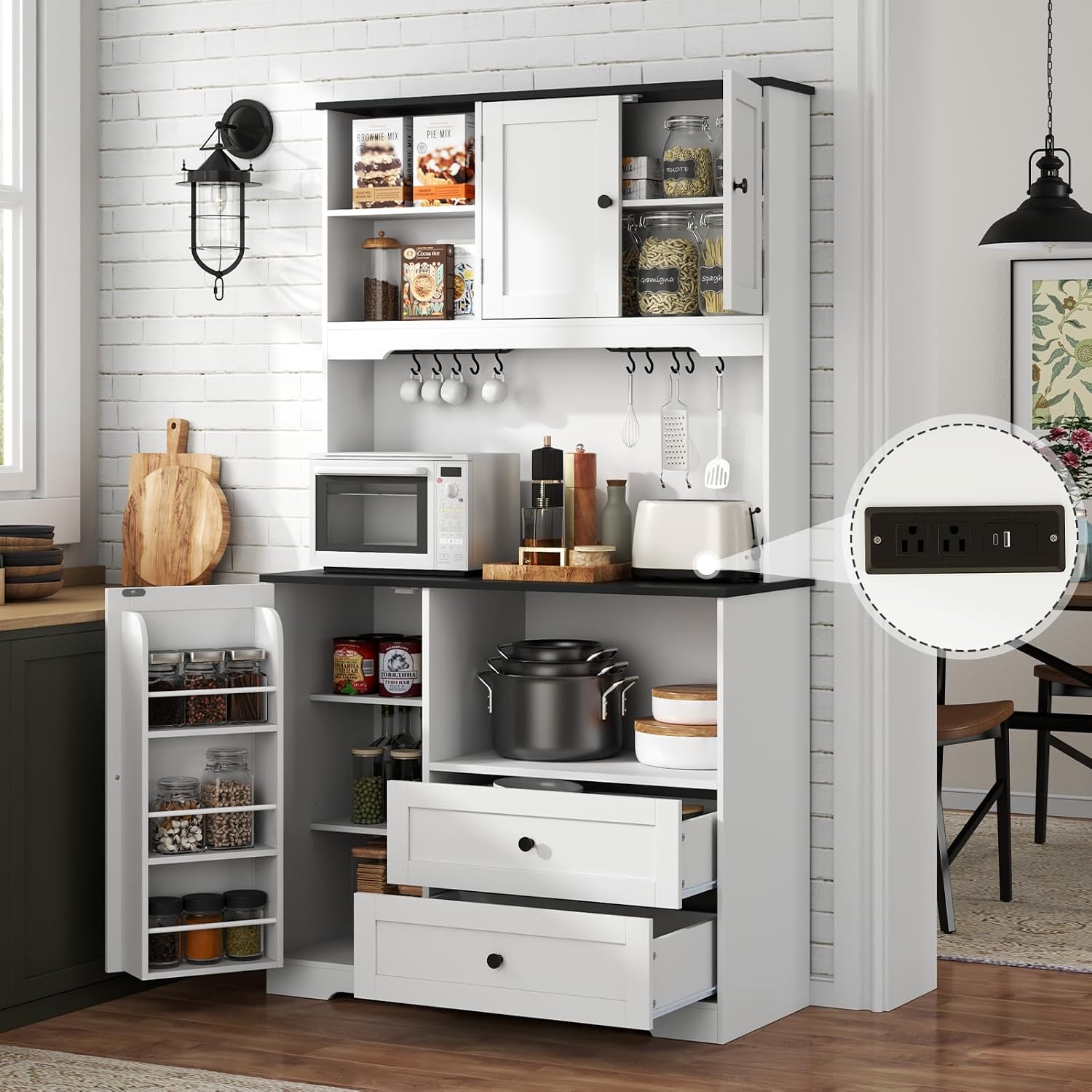 Functional White Black Kitchen Pantry Cabinet