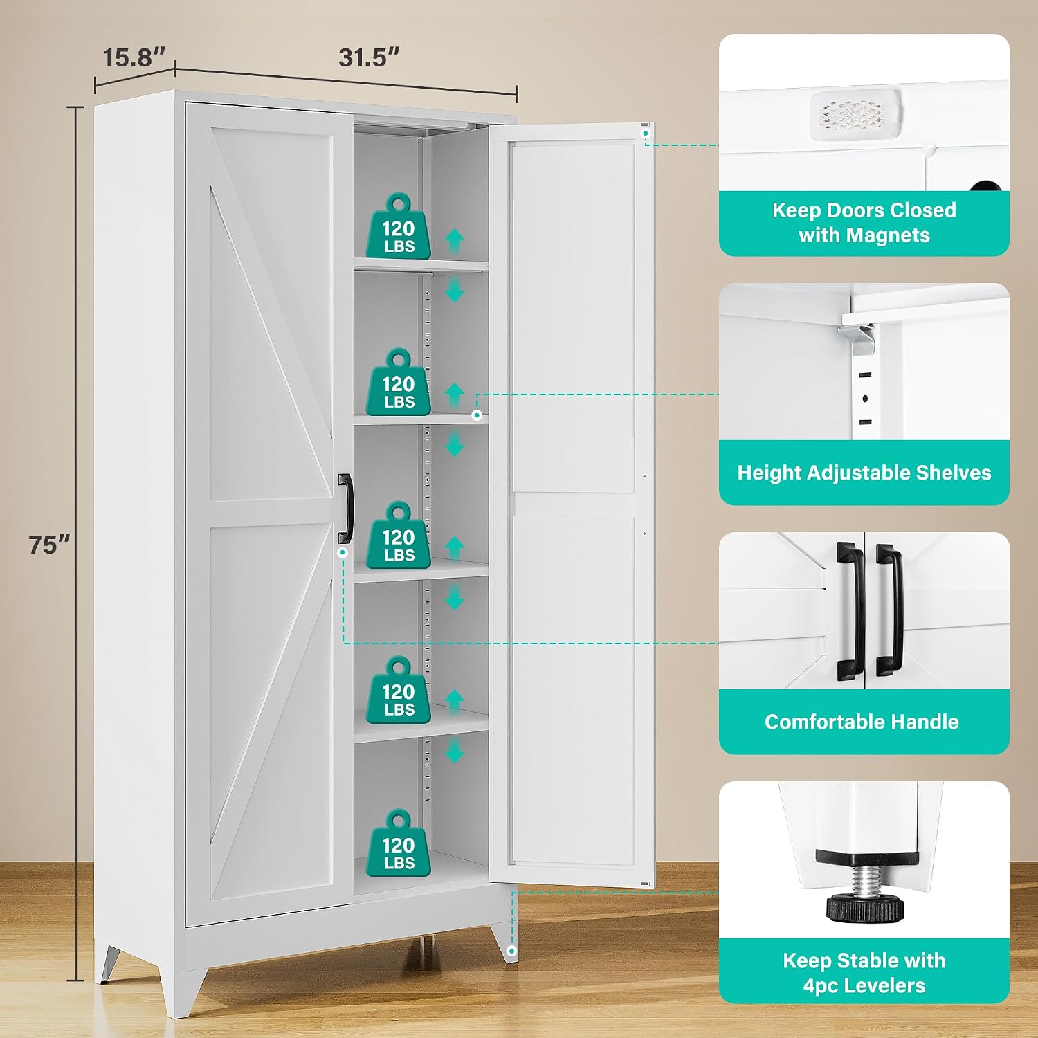 White Farmhouse Metal Pantry Cabinet