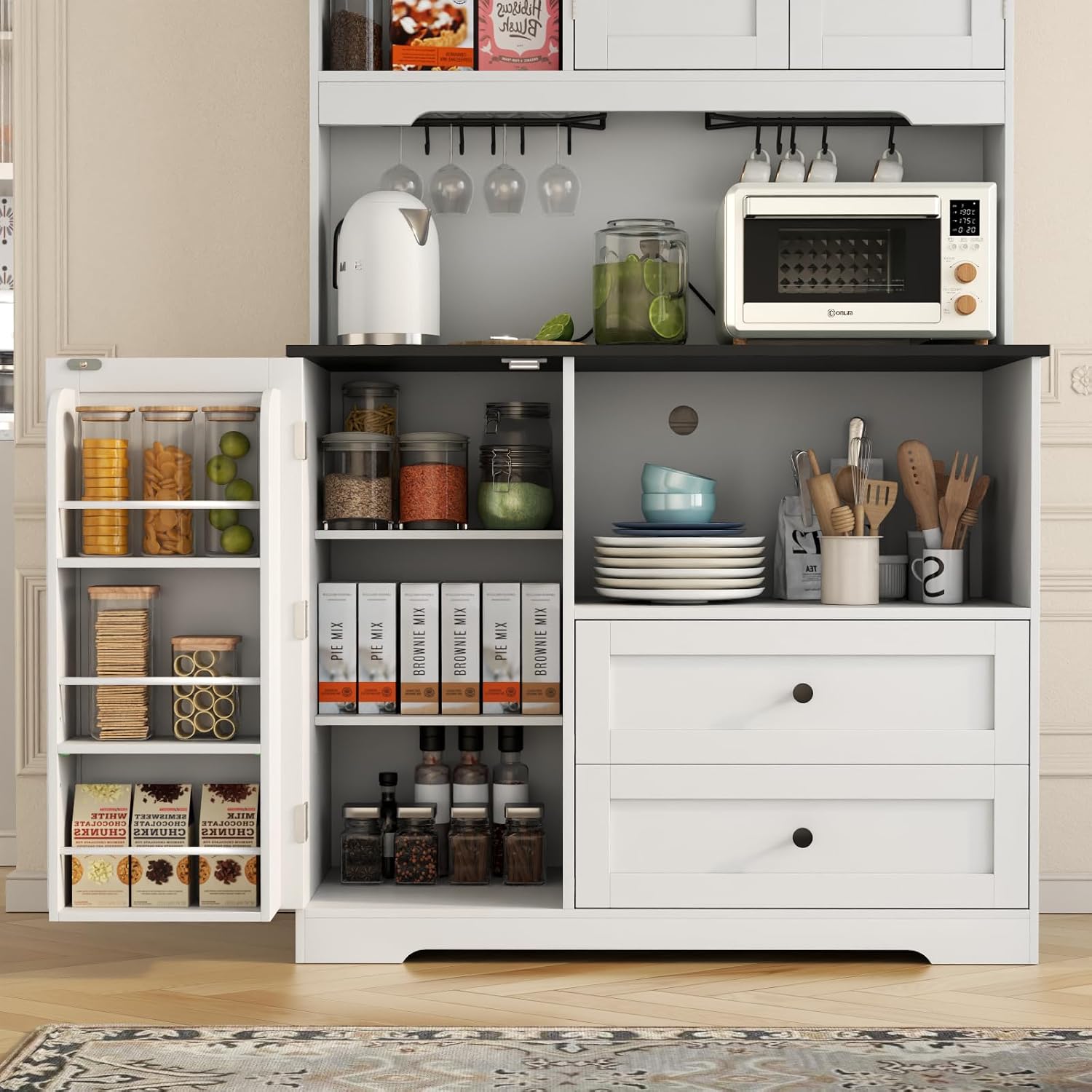 Functional White Black Kitchen Pantry Cabinet