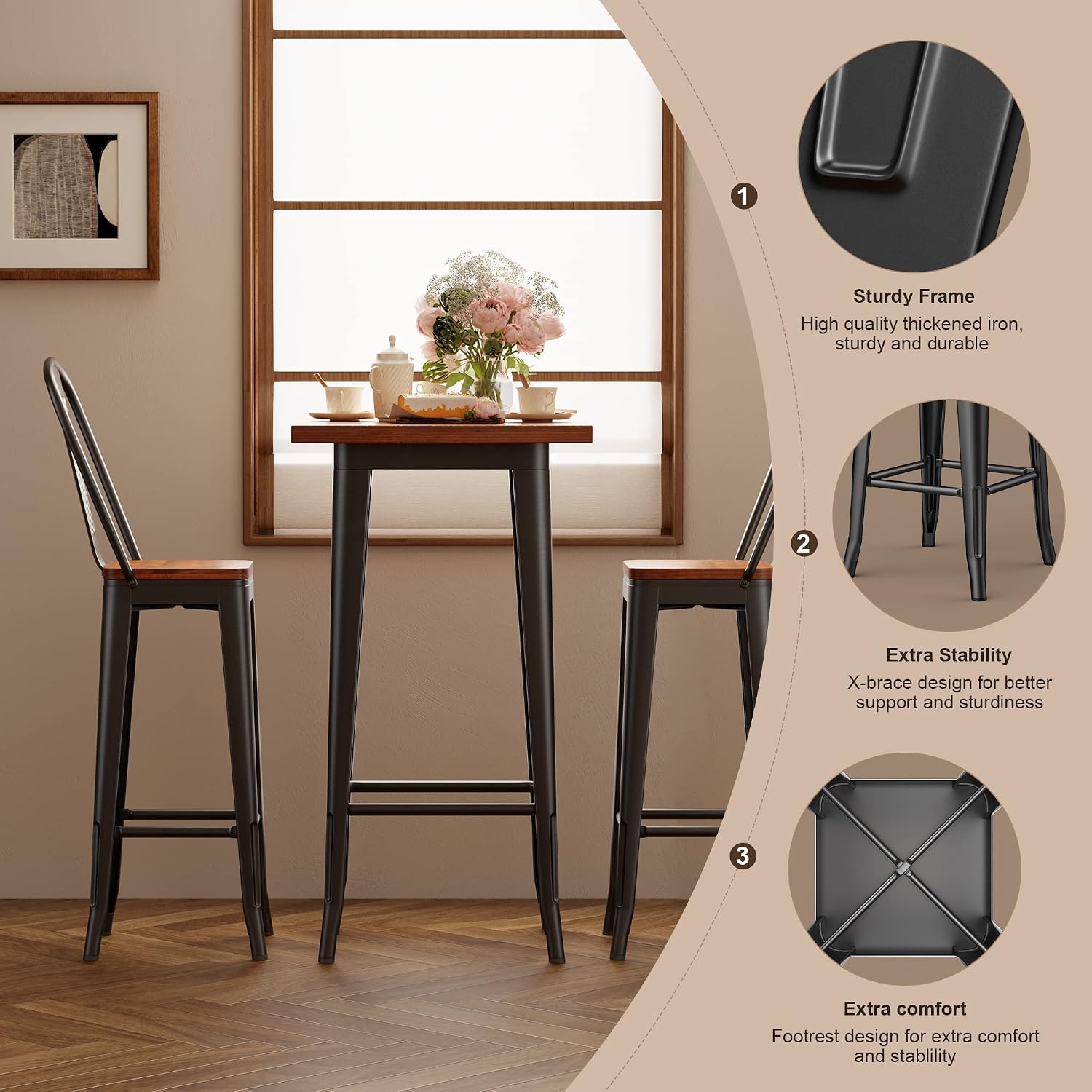 Solid Wood Metal Bar Table Set