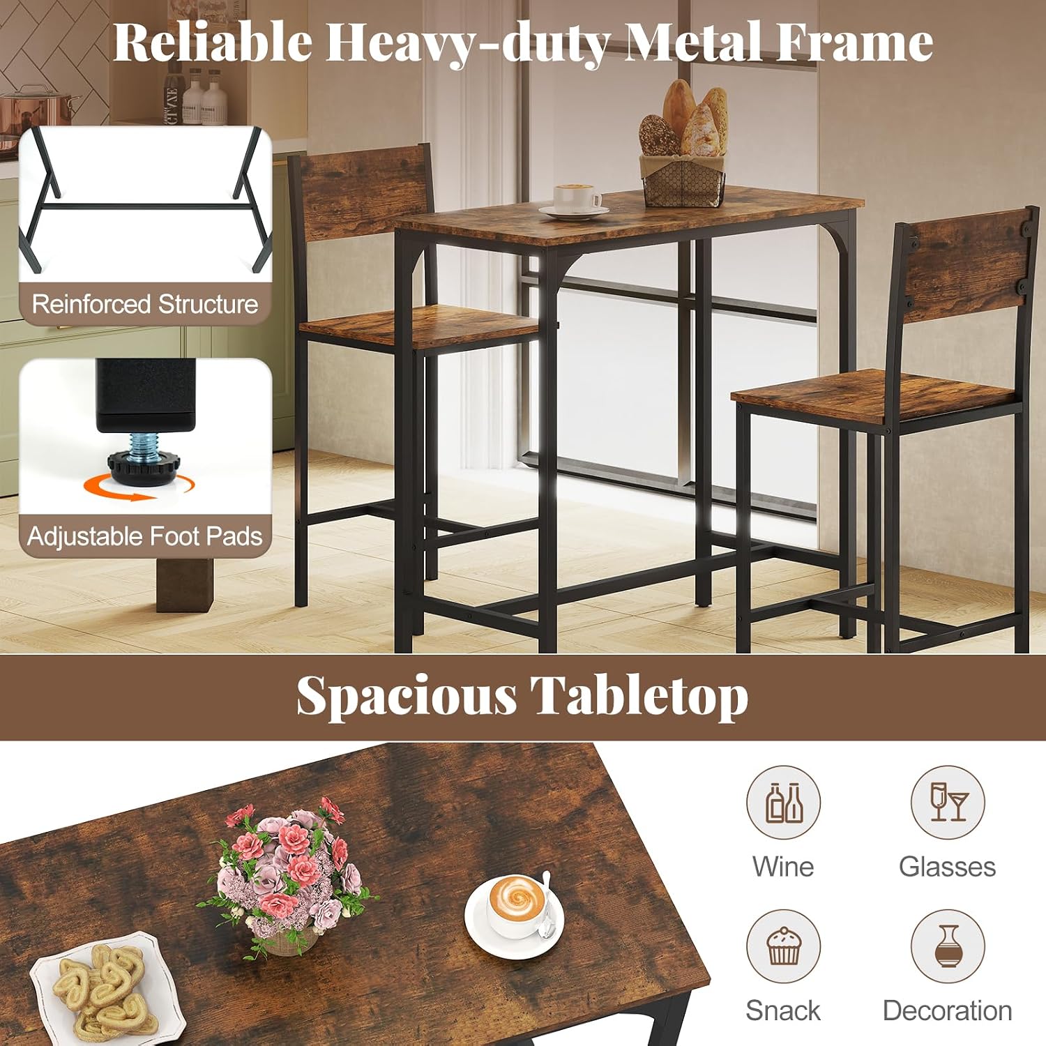 Brown 3-Piece Dining Table Set