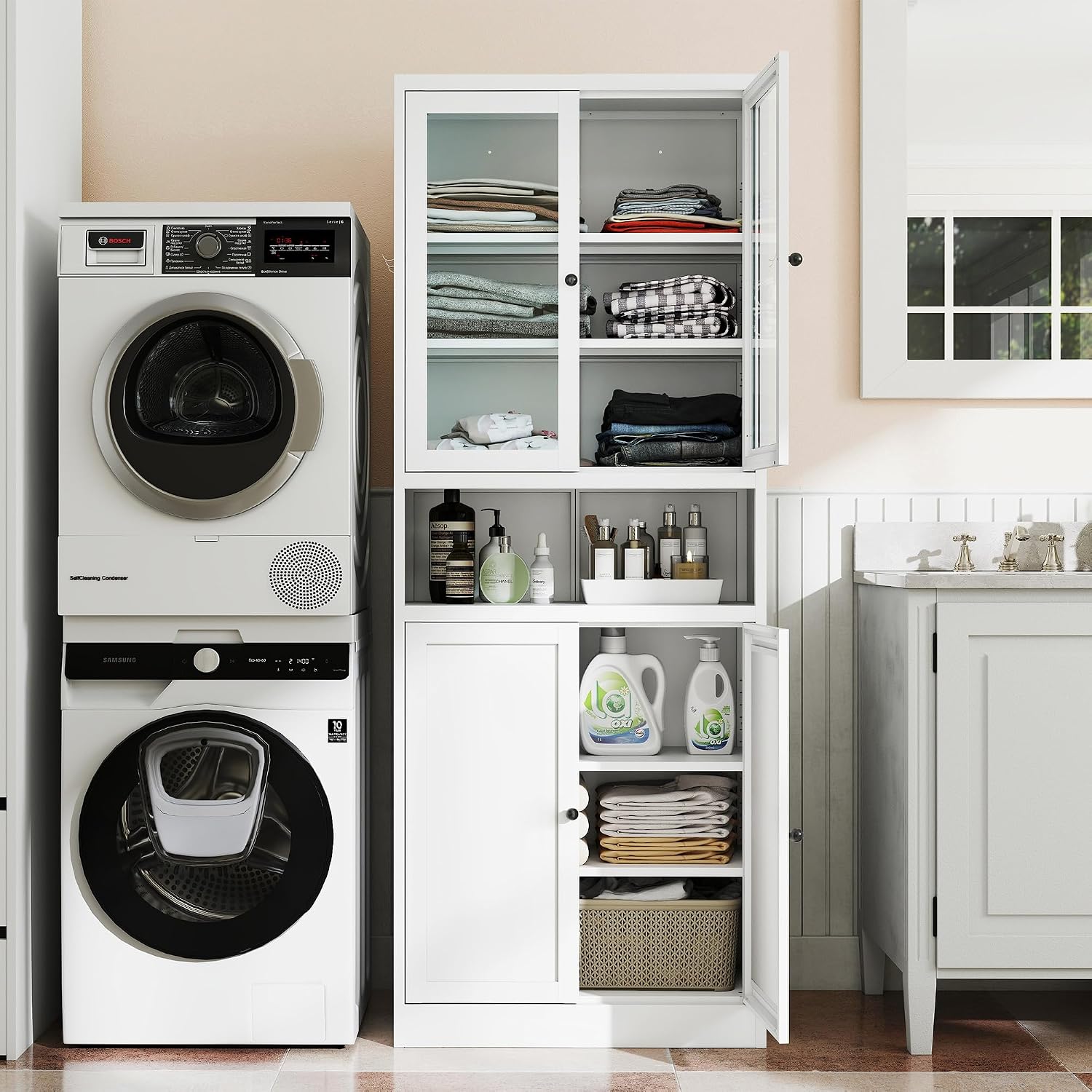 White Glass Door Kitchen Pantry Cabinet