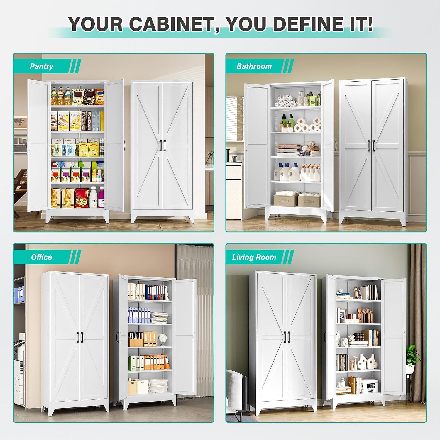 White Farmhouse Metal Pantry Cabinet