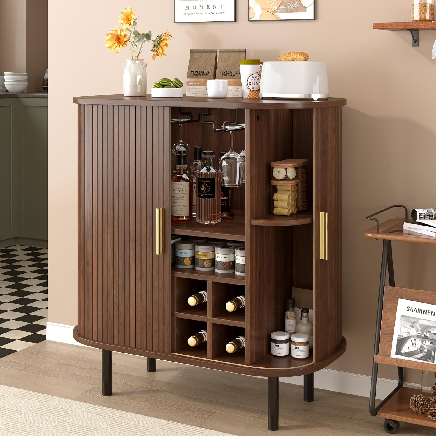 Walnut Fluted Narrow Wine Cabinet