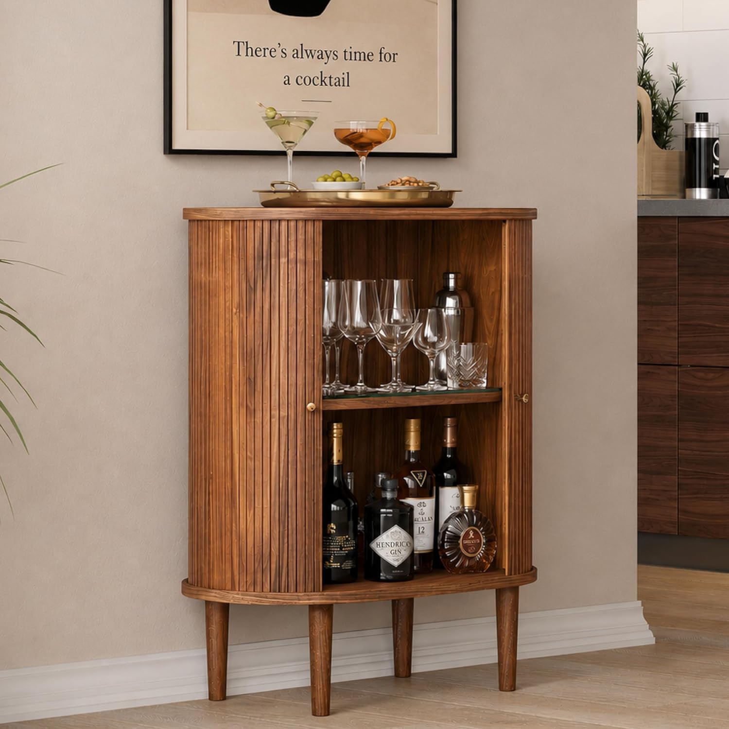 Walnut Fluted Sliding Door Cabinet