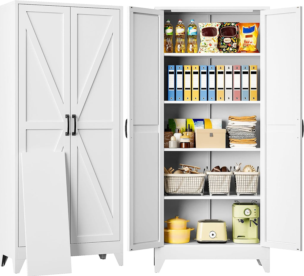 White Farmhouse Metal Pantry Cabinet