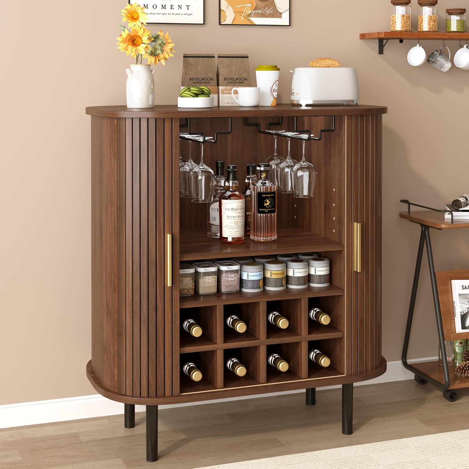 Walnut Fluted Narrow Wine Cabinet