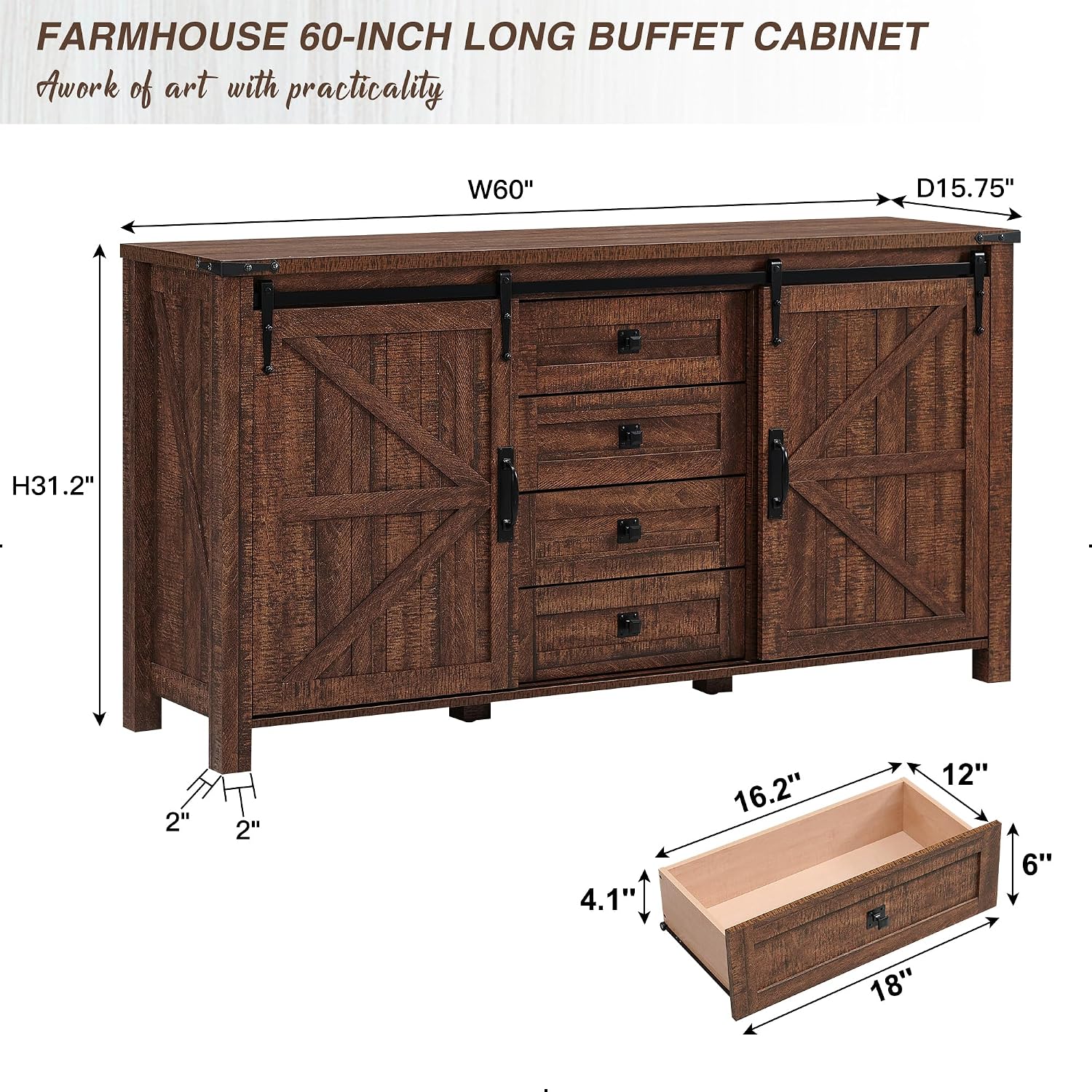 Rustic Wide Sliding Door Sideboard